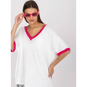 White and pink viscose casual blouse with short sleeves