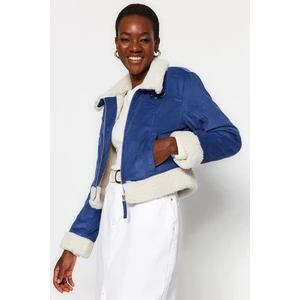 Trendyol Indigo Velvet Plush Detailed Biker Jacket Coat