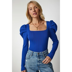 Happiness İstanbul Women's Blue Square Collar Corduroy Knitwear Blouse