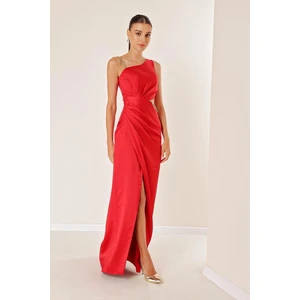 By Saygı One-Shoulder Decollete Waist Chain Satin Evening Dress