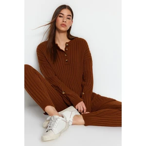 Trendyol Dark Brown Sweater Bottom-Top Suit with Ribbed Pants