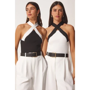 Happiness İstanbul Women's Black and White Halter Collar 2-Pack Crop Knitwear Blouse