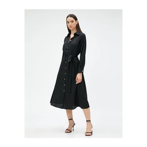 Koton Satin Shirt Dress With a Belt, Midi Length