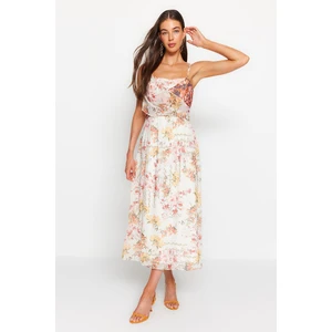 Trendyol Ecru Floral Patterned Strappy Skater/Belt Opening Maxi Lined Woven Dress