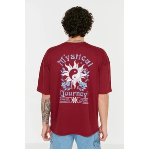 Trendyol Claret Red Men's Oversize Fit Crew Neck Short Sleeve Printed T-Shirt