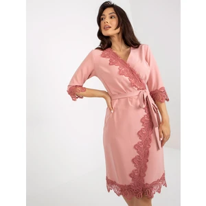 Dusty pink cocktail dress with pleats and 3/4 sleeves