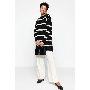 Trendyol Black Striped Buttoned Shoulder Knitwear Sweater