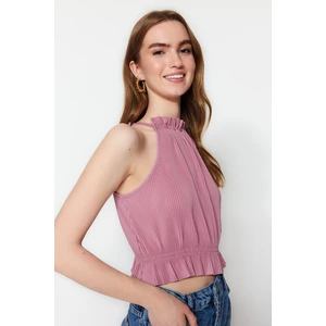 Trendyol Lilac Pleated Crop Knitted Blouse with Frill Collar and Hem