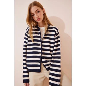 Happiness İstanbul Women's Ecru Navy Blue Waistband Striped Knitwear Cardigan