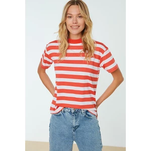 Trendyol Red Striped Basic Stand Up Collar Knitted T-Shirt