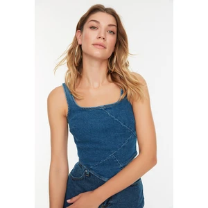 Trendyol Blue Stitching Detailed Strappy Denim Blouse