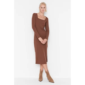 Trendyol Brown Ribbed Square Neck Fitted Long Sleeve Slit Midi Dress