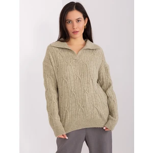 Khaki women's sweater with cables and collar