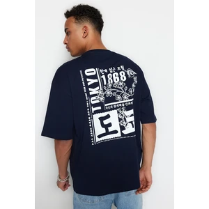 Trendyol Navy Blue Oversize/Wide Cut Headlamp East Printed 100% Cotton T-Shirt