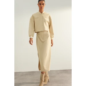 Trendyol Beige Limited Edition High Quality Faux Leather Slit Detail Midi Woven Skirt