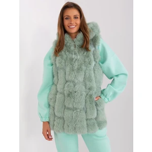 Pistachio fur vest with zipper and hood