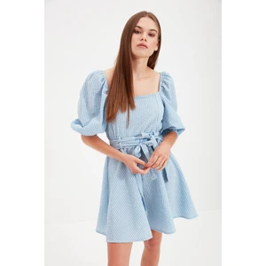 Trendyol Blue Belted Square Collar Dress