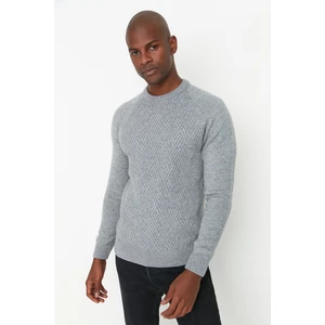 Trendyol Gray Men's Slim Fit Crew Neck Raglan Sleeve Textured Knitwear Sweater