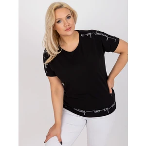 Black plus size cotton blouse with a round neckline