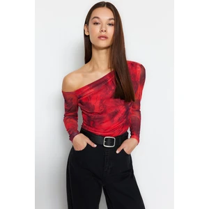 Trendyol Red Tulle Lined Asymmetrical Collar Knitted Blouse