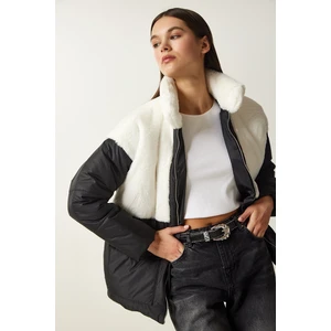 Happiness İstanbul Women's White Black Fur Collar Puffer Coat