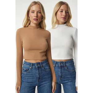 Happiness İstanbul Women's White Biscuit Stand-Up Collar Ribbed Camisole 2-Pack Crop Top