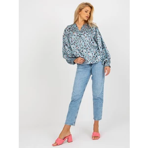 Blue and black satin shirt with leopard pattern