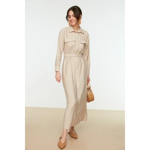 Trendyol Beige Waist Elastic Belted Pocket Detailed Woven Dress