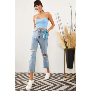 Olalook Women's Blue Laser Cut Wide Leg Mom Jeans