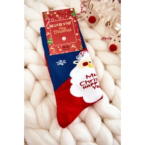 Men's Christmas Cotton Socks with Santa Clauses Navy Blue and Red