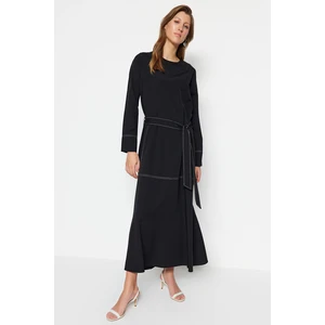 Trendyol Black Belted Stitching Detail Wide Cuffed Woven Dress