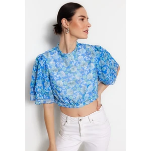 Trendyol Blue Crop Weave Chiffon Blouse with a Chiffon Back Detail