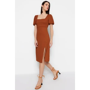 Trendyol Cinnamon Square Neck Balloon Sleeves A-Line Slit Detailed Midi Knit Dress