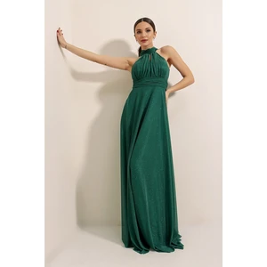 By Saygı Halterneck Lined Glittery Long Dress Emerald