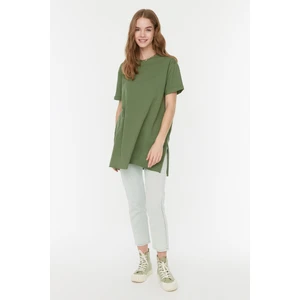 Trendyol Khaki 100% Cotton Slit Detailed Crew Neck Basic Knitted T-Shirt