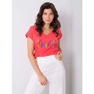 Coral t-shirt with a colorful print