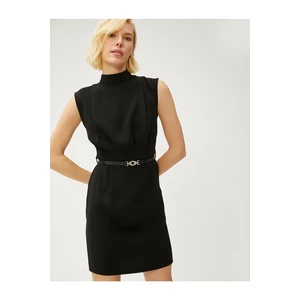 Koton Short Draped Dress, Standing Collar, Sleeveless with Belt