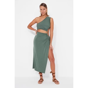 Trendyol Khaki Fitted Maxi Knitted Cut Out/Window One-Shoulder Beach Dress