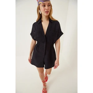 Happiness İstanbul Women's Black Linen Viscose Jumpsuit with Shorts