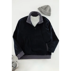 Trendyol Navy Blue Oversize/Wide Cut Zippered Color Blocked Fleece/Plush Sweatshirt