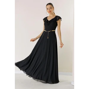 By Saygı Flounced Collar, Belted Waist, Lined Long Chiffon Dress