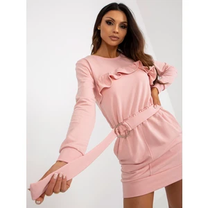 Light pink sweatshirt minidress with ruffles and belt