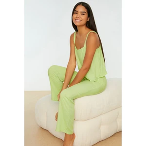 Trendyol Green Frilly Viscose Woven Pajamas Set