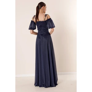 By Saygı Navy Blue Collar Pleated Balloon Sleeves Lined Glittery Long Dress