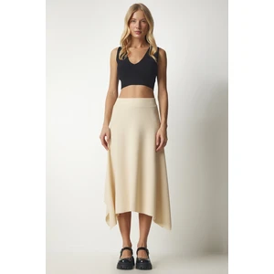 Happiness İstanbul Women's Latte Asymmetrical Cut Ribbed Knitted Skirt