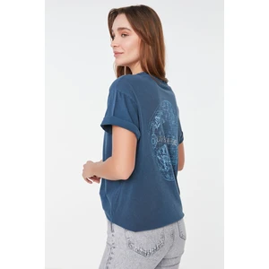 Trendyol Indigo Wash and Foil Printed Boyfriend Knitted T-Shirt