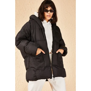 Bianco Lucci Women's Black Large Double Pocket Hooded Oversize Down Coat