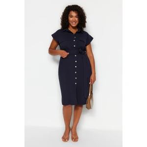 Trendyol Curve Navy Blue Belted Woven Shirt Dress