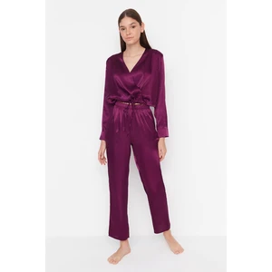 Trendyol Purple Double Breasted Collar Waist Detailed Satin Woven Pajamas Set