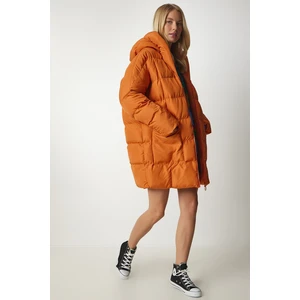 Happiness İstanbul Women's Orange Hooded Oversized Puffer Coat